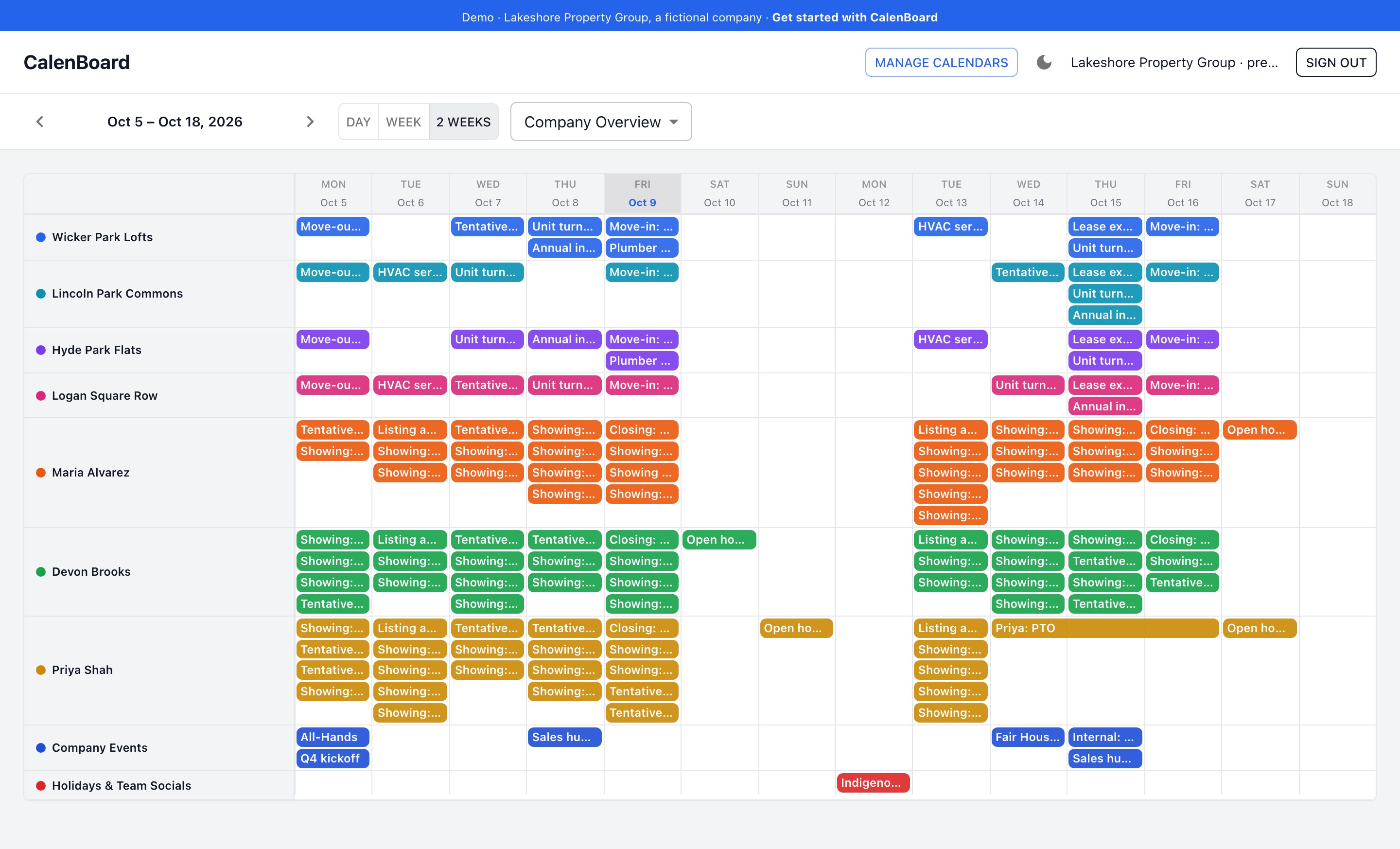 CalenBoard showing properties, agents and company events together over two weeks