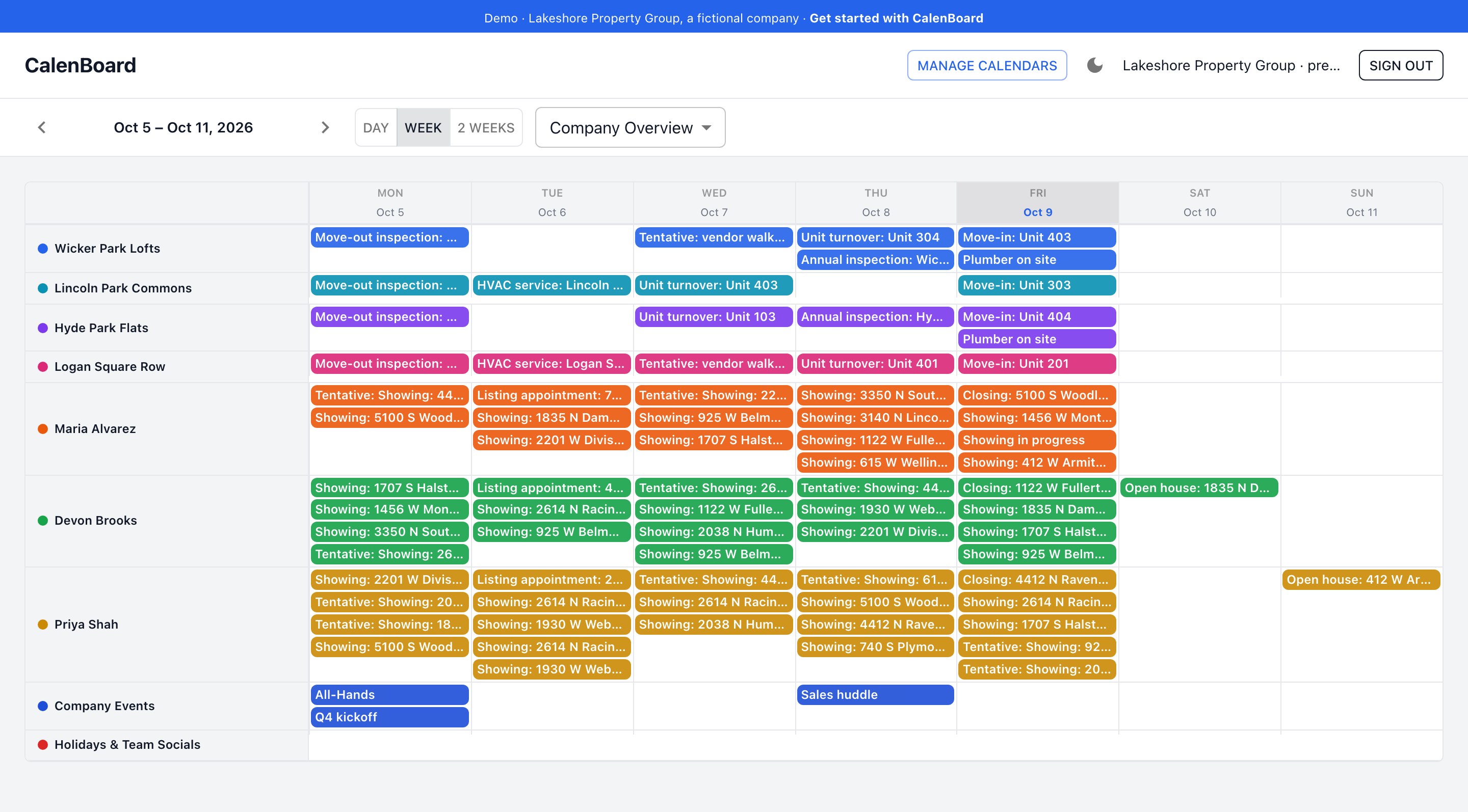 The company overview, including unconfirmed showings marked Tentative